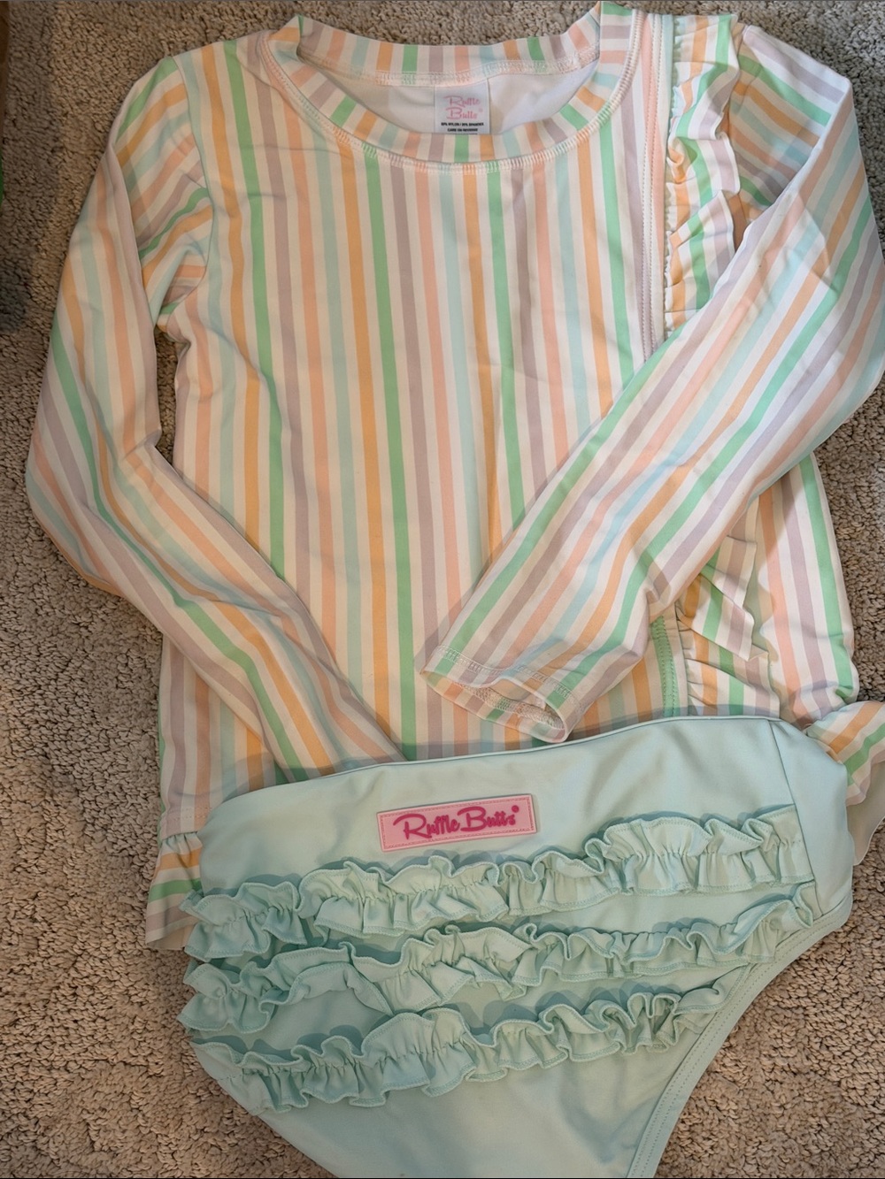 Ruffle Butts Pastel Stripe Rashguard & Mint Ruffle Bikini Bottoms size 6